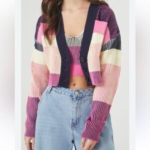Forever 21 Pink and Cream Cardigan Sweater with Ribbed Knit
